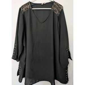 Est 1946 Tunic Top Sz 22 24W Black Metal Stud V Neck 3/4 Sleeve Split Hem Flowy